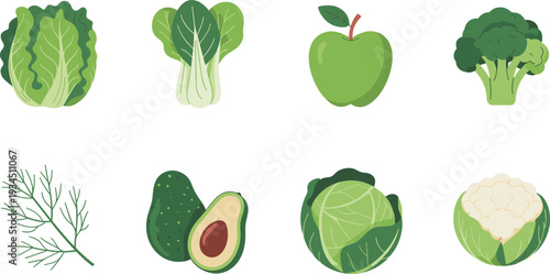 Fresh green vegetables and fruits illustration set, flat healthy organic food icons collection