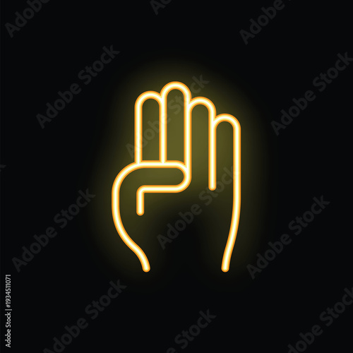 Neon yellow hand showing three fingers up on a black background