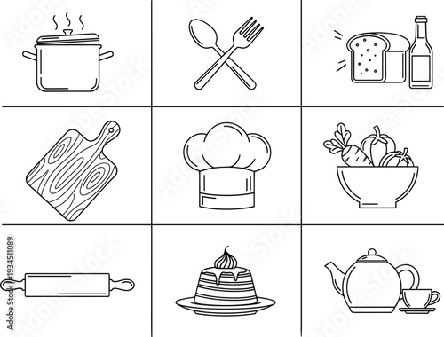 Kitchen and Cooking Line Icons Set Isolated on White Background for Food Preparation, Baking, and Restaurant Menu Design