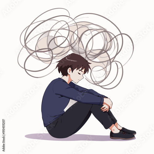 overthinking and anxiety concept illustration of a young adult with chaotic thoughts and tangled lines
