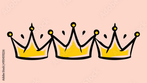 Three yellow cartoon crowns with black outlines and yellow gems on a peach background  royalty symbol