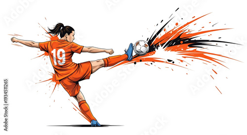 A dynamic illustration of a female soccer player kicking a ball with motion lines and vibrant colors