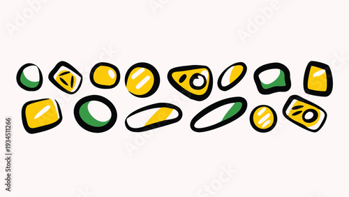 Collection of colorful cartoonstyle pebbles or stones in various shapes and sizes on a plain white background