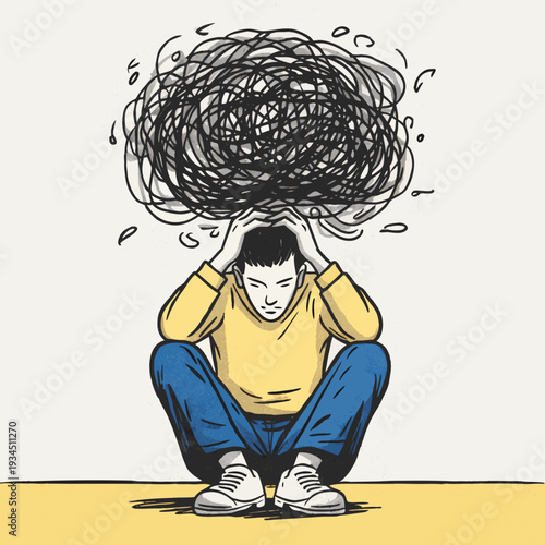 overthinking and anxiety concept illustration of a young adult with chaotic thoughts and tangled lines
