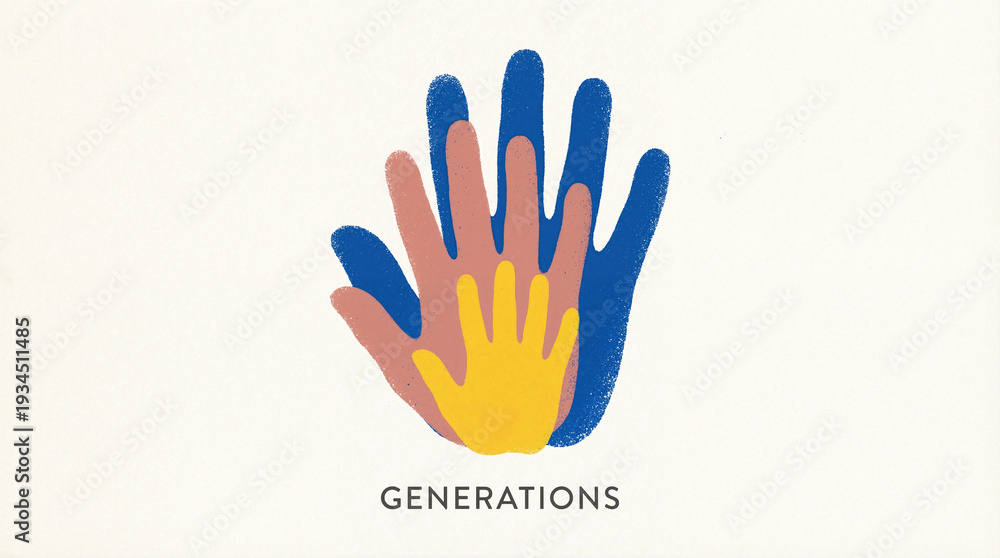 Fototapeta premium Colorful stacked hands illustration representing generations and family