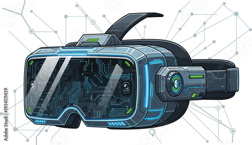 Futuristic virtual reality headset displays internal glowing circuit board.