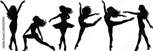 WebElegant black silhouette set of beautiful women dancing, ballet performers, expressive poses, graceful female figures, artistic movement, isolated vector illustrations.