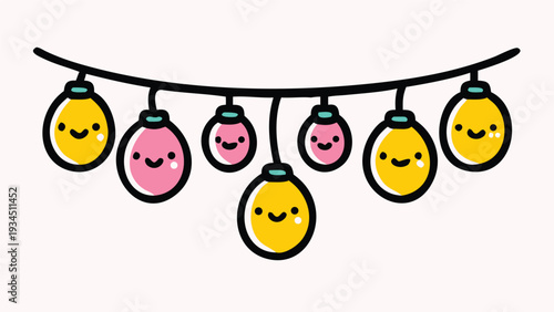 Cartoon illustration of string lights with smiling faces in yellow and pink colors hanging from a curved black wire