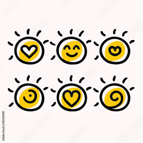 Set of hand drawn yellow smiley faces with heart eyes and spiral designs on light background