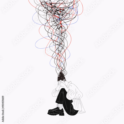 overthinking and anxiety concept illustration of a young adult with chaotic thoughts and tangled lines
