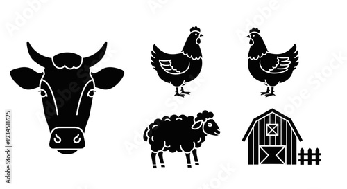 Black and white farm animal icons.