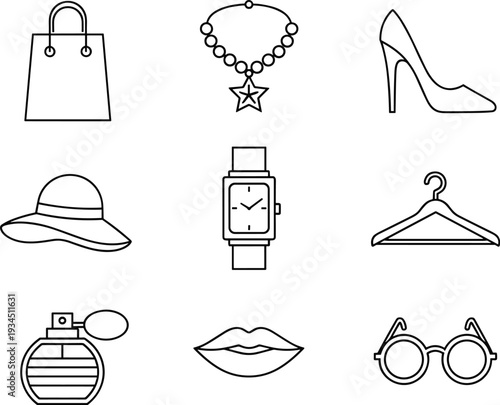 Fashion Accessories Line Icons Set Isolated on White Background for Women Style, Beauty, and Boutique Design
