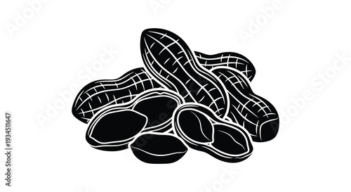 A striking black illustration depicts a cluster of peanuts both in shell and shelled in silhouette high quality