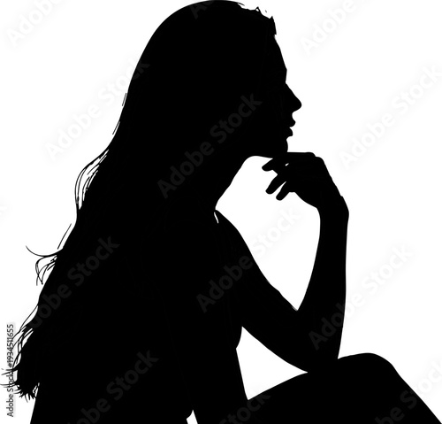 Silhouette of person with long hair seated thoughtful pose, hand resting chin introspection reflection decision making concept flat vector illustration