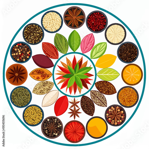 Aerial view of a vibrant circle arrangement of spice and herb bowls surrounding a stylized red flower with green leaves, captured as a detailed graphic illustration in a bright studio setting