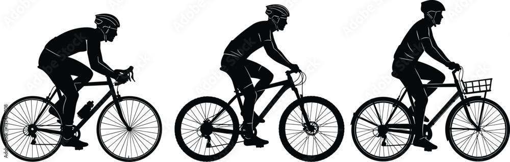 Fototapeta premium Cyclist silhouettes riding road and city bicycles isolated on white background detailed vector illustration for fitness transport and lifestyle design