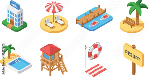 Isometric beach resort icon set with hotel, pool, pier, boats, lifeguard tower and tropical vacation elements
