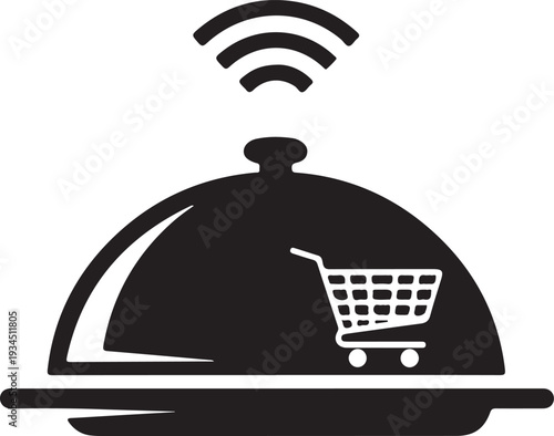 Online food delivery service cloche with shopping cart icon on transparent background
