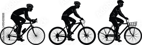 Cyclist silhouettes riding road and city bicycles isolated on white background detailed vector illustration for fitness transport and lifestyle design
