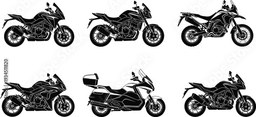 Collection of sport touring and adventure motorcycles detailed vector silhouettes isolated on white background for transport and motorsport design
