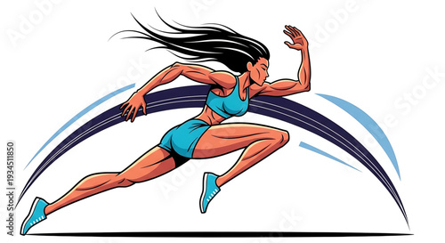 A dynamic illustration of a woman running with motion lines in the background