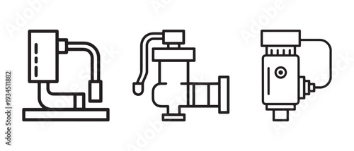 Industrial Pumps and Valves Line Art Icons Set. for Engineering and Manufacturing Applications on White.