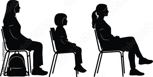 Family generation silhouettes sitting on chairs, mother child and adult woman side view isolated on white background vector illustration