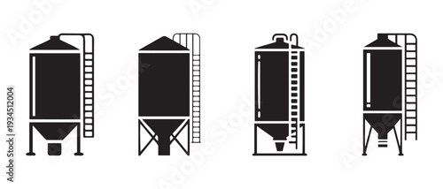 Silo Icons Set: Various Industrial and Agricultural Storage Tanks with Ladders in Flat Black and White Design.