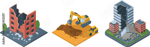 Isometric building demolition and construction site illustration, damaged structures excavator heavy equipment urban destruction vector set