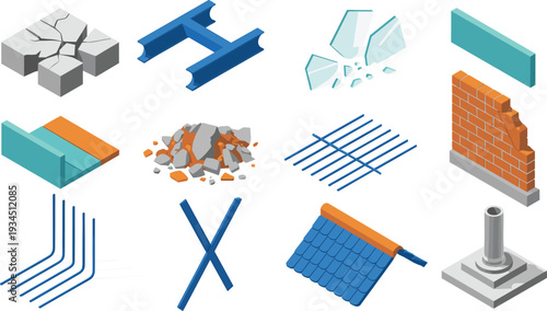 Isometric construction materials and structural elements set with concrete steel glass brick roof vector illustration