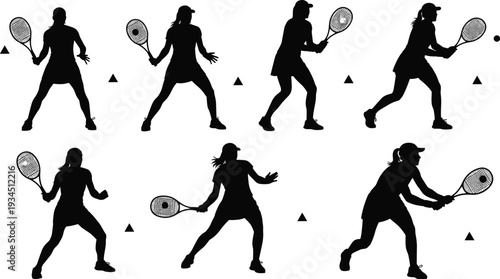 Silhouette collection of female tennis player practicing drills with racket and cones isolated on white background, professional training action set