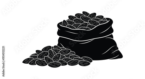 A black silhouette depicts a full sack overflowing with almonds and scattered nuts on a white background silhouette