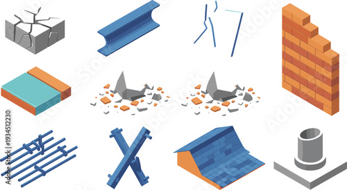 Isometric construction materials set with concrete steel beam broken glass brick wall rebar roof column vector