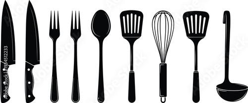 Kitchen utensils silhouette set, cooking tools collection including knife fork spoon whisk spatula ladle, culinary equipment vector illustration