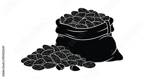A black silhouette depicts a generously filled sack overflowing with almonds alongside scattered nuts silhouette high quality professional