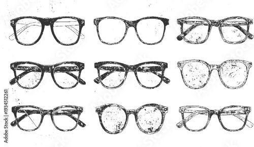Nine hand drawn black and white eyeglasses in a grid pattern on a textured white background eyewear spectacles