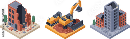 Isometric demolition and damaged building illustration, excavator machinery urban destruction construction redevelopment vector set