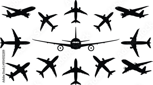 WebSet of airplane silhouette icons, commercial jet flight symbols, passenger aircraft vectors, aviation transport signs, airline travel flying wing elements,