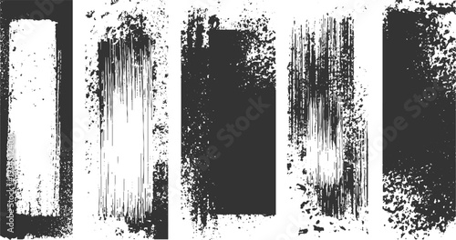 Five vertical dark grey grunge textures with rough edges and distressed abstract patterns on white background