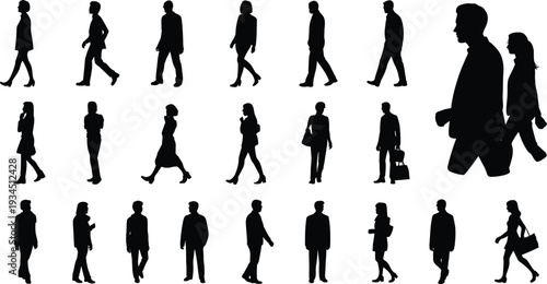 WebLarge collection of walking and standing business people silhouettes, professional men and women in various poses, office group vector set