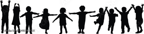 WebLarge collection of happy children silhouettes, featuring diverse boys and girls playing, jumping, cheering, and dancing on a white background.