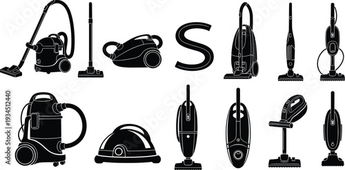 Vacuum cleaner silhouette collection, home cleaning appliances set, modern household equipment vector illustration, domestic technology concept design
