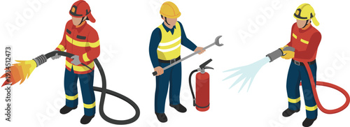 Isometric firefighter and safety worker illustration, fire hose extinguisher emergency response team vector set