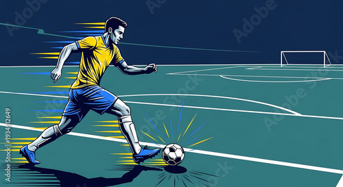 A dynamic illustration of a soccer player kicking a ball on a green field