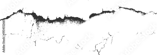 Dark textured jagged line across white background with small scattered dots and fragments abstract grunge