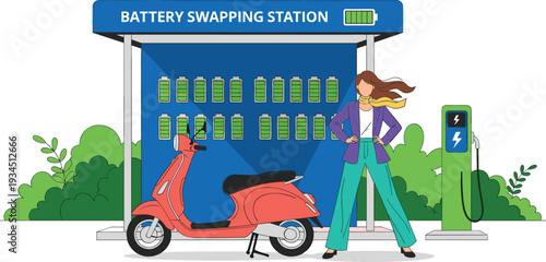 Flat vector illustration of a woman with a red electric scooter at a modern battery swapping charging station kiosk