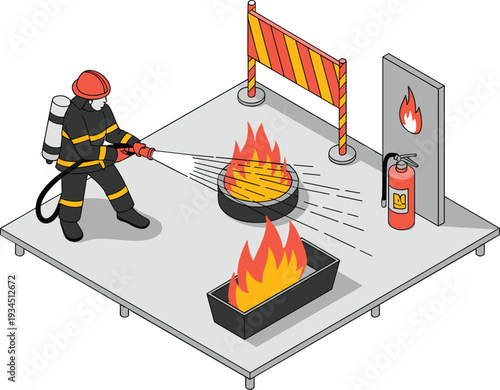Isometric firefighter extinguishing flames during safety drill, fire prevention training with hose extinguisher and hazard barrier