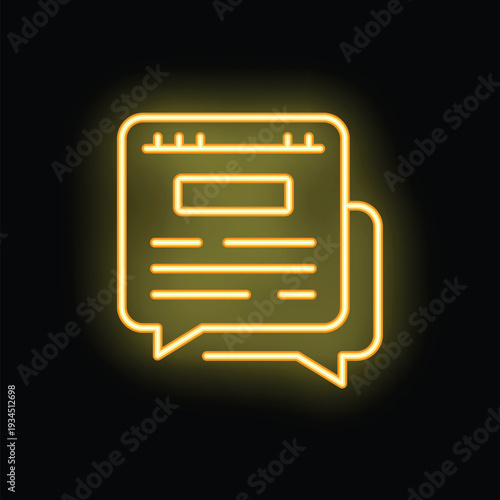 Neon yellow glowing icon of online chatting with speech bubbles displaying latest news
