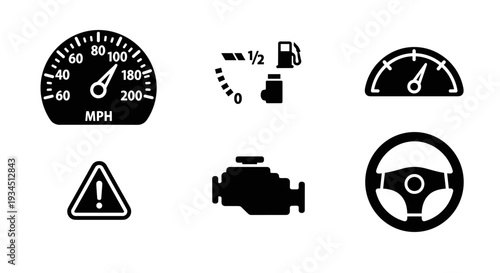 Black car dashboard control icons set.