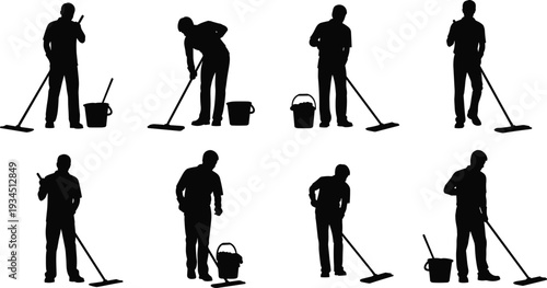 WebProfessional cleaner silhouettes set with mop and bucket for janitorial services, floor cleaning maintenance, housework concepts, and industrial sanitation vector.
